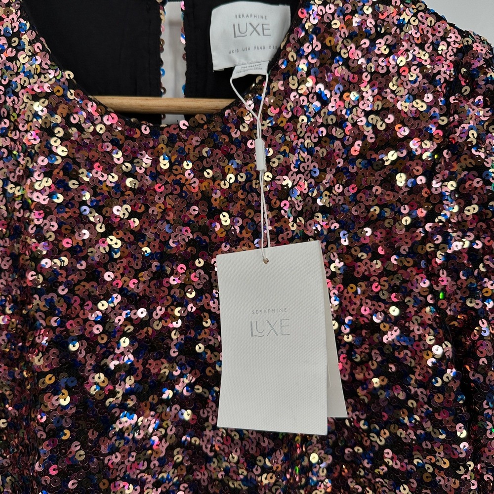 Seraphine Luxe Bambi Pink Sequin Shift Dress‎ Womens 6 Short Sleeve Mini NWT - Picture 9 of 10